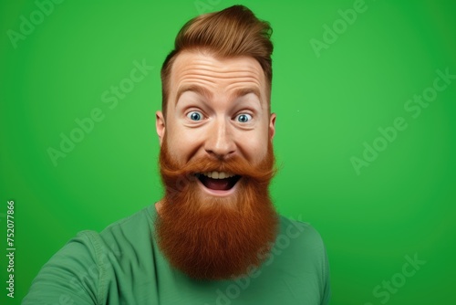 Portrait of an optimistic cheerful man with a red beard wearing a T-shirt, on a green background © inna717