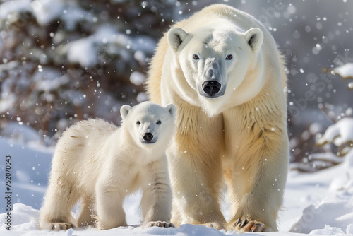illustration of polar bears family in the snow. Created with Generative AI © agrus_aiart