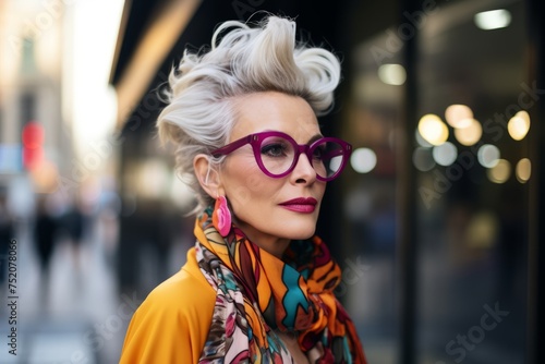 Fashionable blonde woman in glasses and scarf on the city street