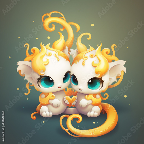 Twin dragons entwined around Geminis symbol playful and curious object planet elegant quaint close up photo