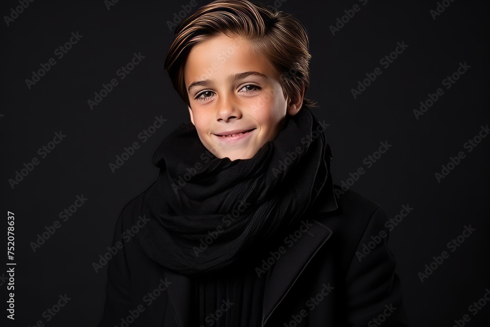 Portrait of a cute little boy wearing a black coat and scarf. Portrait of a cute little boy wearing a black coat and scarf.