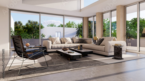 Large luxury modern bright interiors Living room mockup illustration 3D rendering image