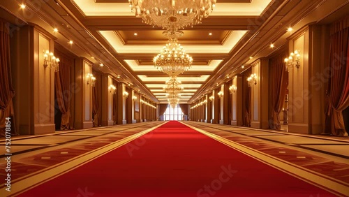 Background A grand ballroom with sparkling chandeliers and a red carpet entrance. photo