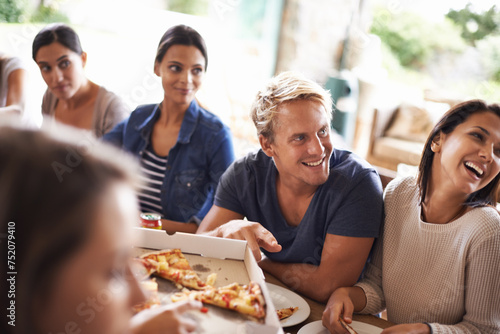 Friends, group and eating of pizza in home with laughing, soda or social gathering for bonding in dining room. Men, women or fast food with funny joke, drinks or diversity at table in lounge of house