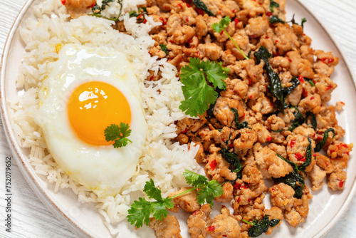 basil chicken stir fry with rice and fried egg