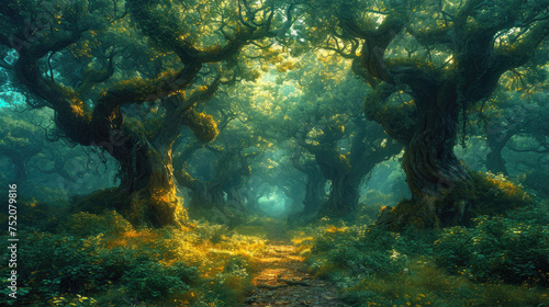 ancient mystical forest with tall twisted trees background