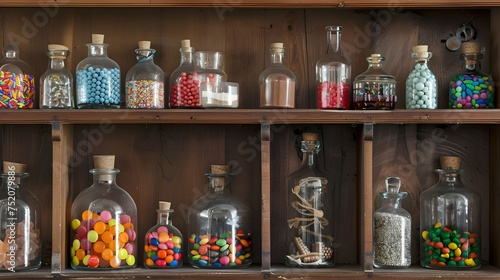 Cupboards, glass bottle, candy