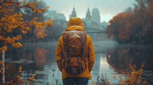 A traveler with a backpack admiring the natural landscape of a lake