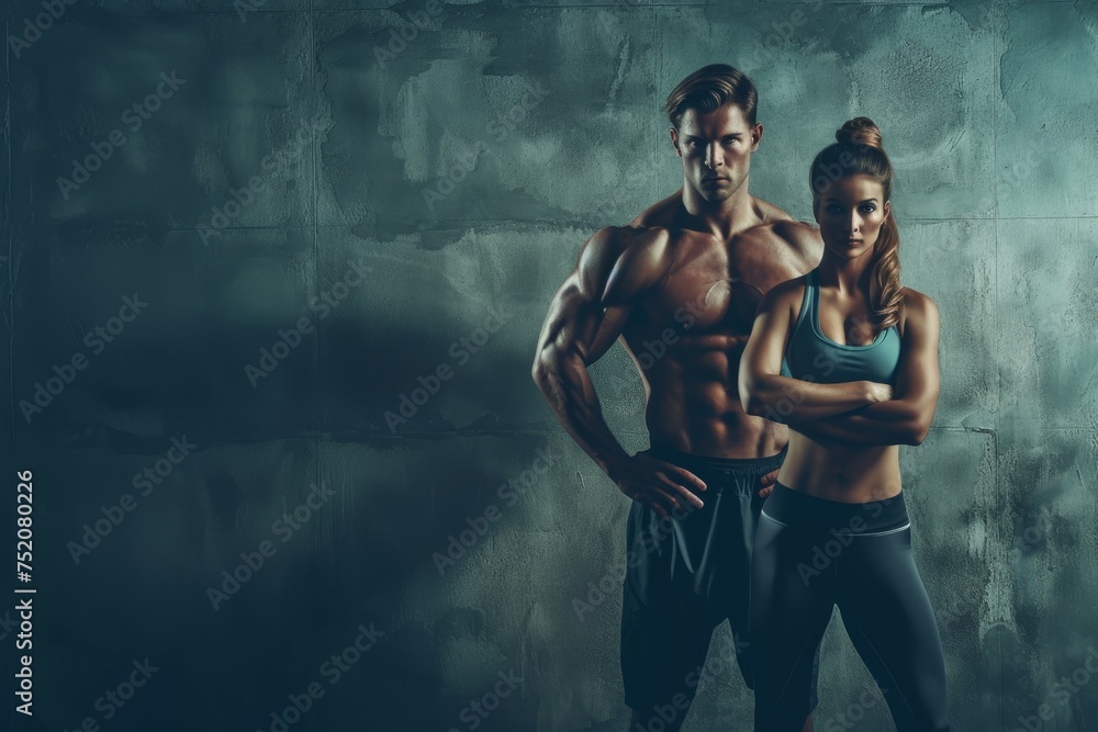 A fit athletic couple on a dark background . The concept of fitness. Healthy lifestyle