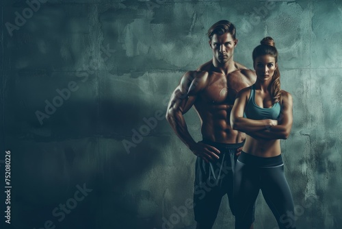 A fit athletic couple on a dark background . The concept of fitness. Healthy lifestyle