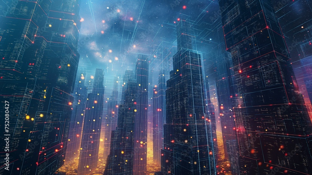 An image of cosmic particles, a futuristic urban landscape.