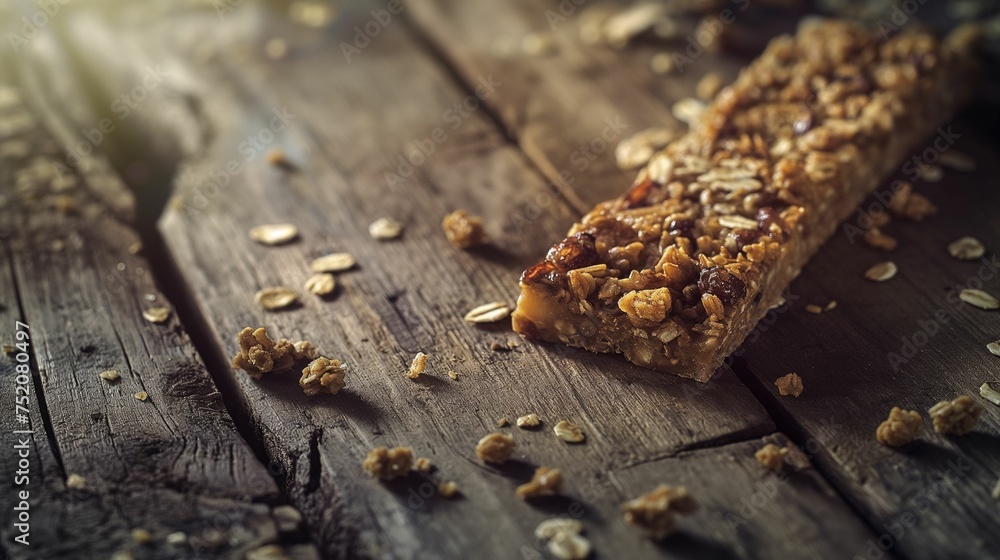 Bar of granola resting on a wooden table. Bar of granola resting on a wooden table.