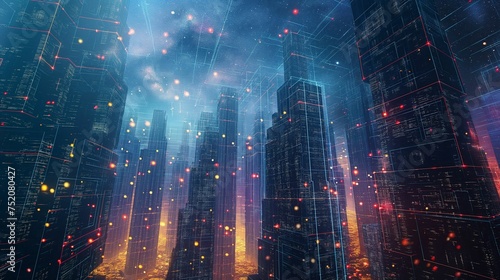 An image of cosmic particles  a futuristic urban landscape.