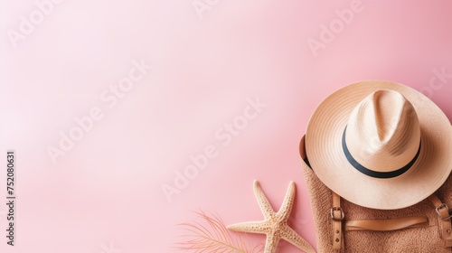 Beach hat, coconut leaves and sunglasses on pink background in Summer.copy space, top view, minimal style