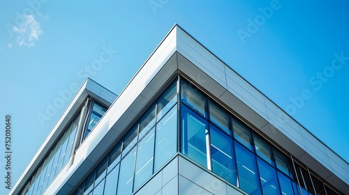 Exterior view of modern building against blue sky 