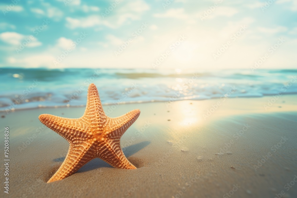 beach with starfish in the sand, space for copy text. Summer holiday concept beach with starfish in the sand, space for copy text. Summer holiday concept