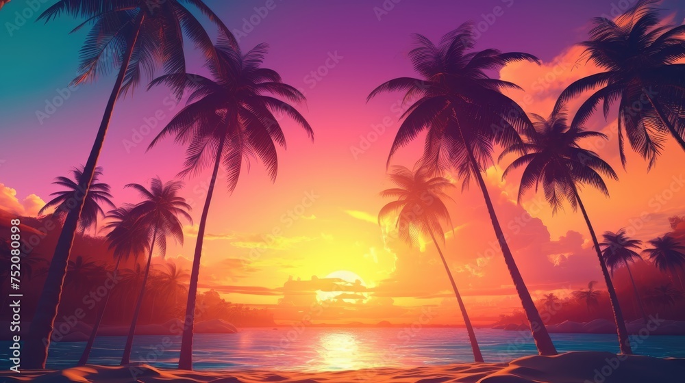 Fototapeta premium Cartoon panoramic landscape, sunset with palm trees on a colorful background. ocean with palm trees at sunset