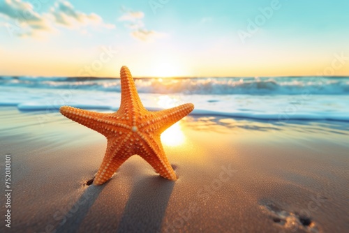 beach with starfish in the sand, space for copy text. Summer holiday concept © inna717
