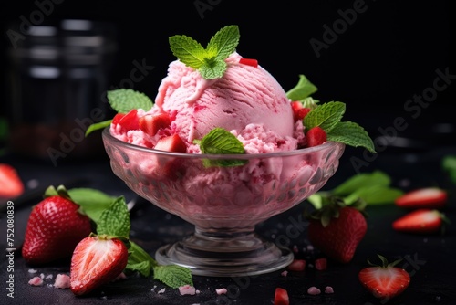 Strawberry ice cream in a glass bowl on a marble cutting board. Dark background.