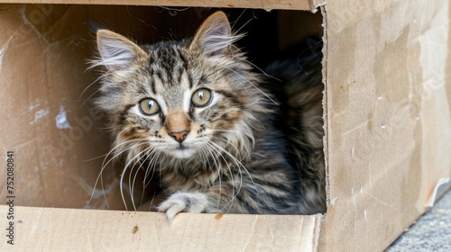 A fluffy tabby kitten with striking eyes peeking curiously from a torn cardboard box.