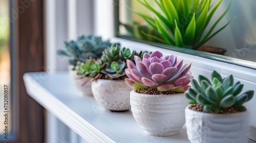A collection of various succulent plants arranged in pots on a bright window sill, showcasing home gardening.