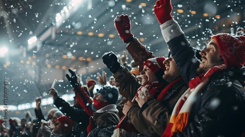 Fans celebrating the success of their favorite sports team on the stands of the professional stadium while it's snowing photo
