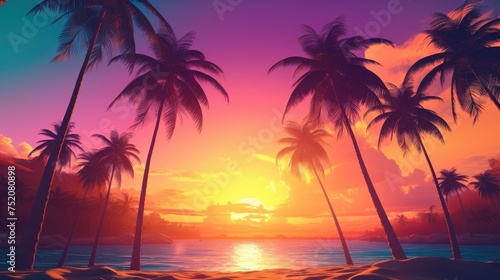Cartoon panoramic landscape, sunset with palm trees on a colorful background. ocean with palm trees at sunset