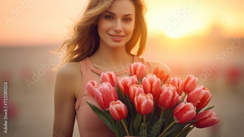 Cheerful young lady with long hair holding a bouquet of pink tulips on Women's Day, isolated on the street.