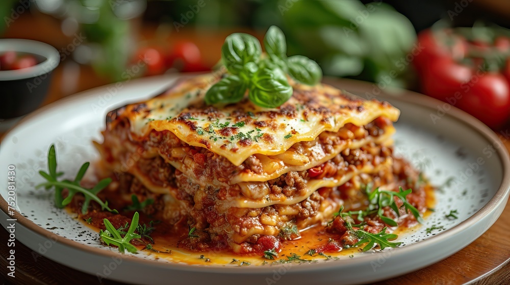 Lasagna Bologna, Italy, is a layered pasta dish with tomato sauce Lasagna Bologna, Italy, is a layered pasta dish with tomato sauce