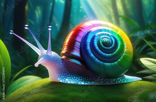 cartoon snail with a rainbow shell, slowly making its way through a vibrant, lush rainforest, with a rainbow of colors in the sky, a light mist in the air, and exotic wildlife all around. photo