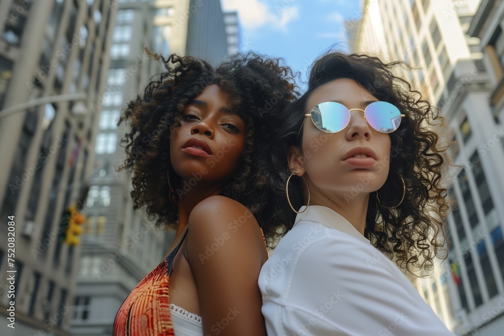 Two women with curly hair are posing for a photo in front of a building