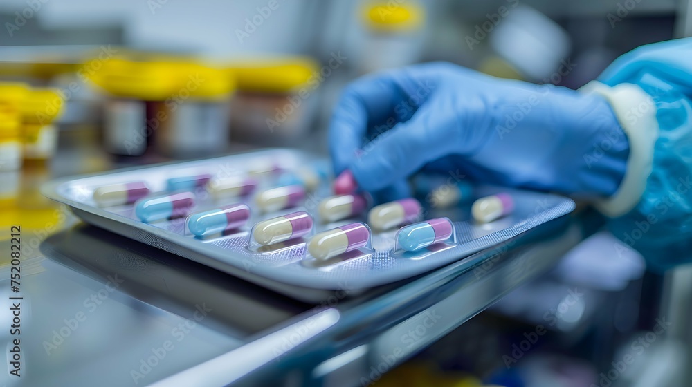 There was colored medicine on the tray dispensed by an antiviral pharmacist There was colored medicine on the tray dispensed by an antiviral pharmacist