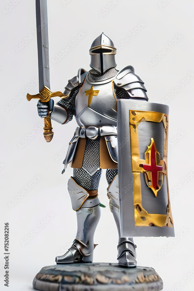 Fototapeta premium Medieval knight in armor poses with sword against white background.