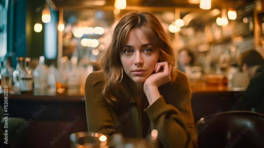 Young woman with glass of drink in bar. Alcoholism problem,generative ai Young woman with glass of drink in bar. Alcoholism problem,generative ai