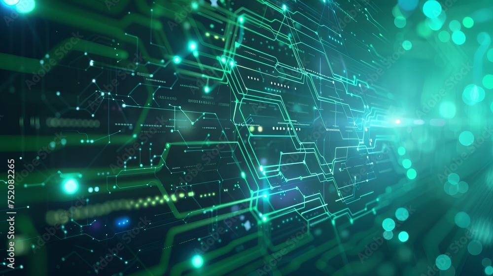 Futuristic digital technology banner: abstract circuit concept on green and blue background, innovation future data, internet network, ai big data, futuristic wifi connection - illustration