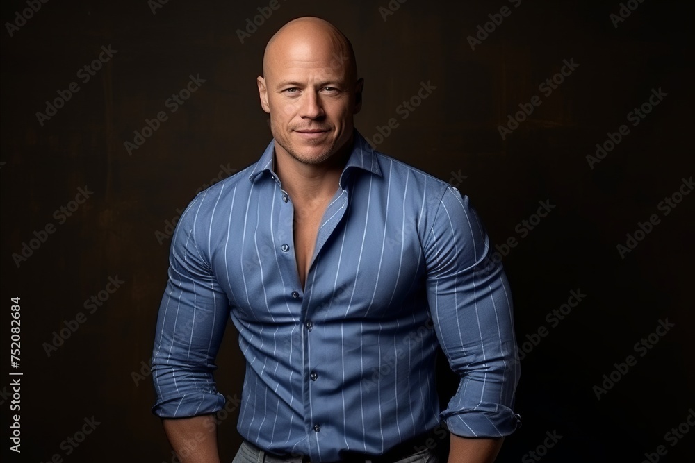 Portrait of a handsome bald man in blue shirt on dark background Portrait of a handsome bald man in blue shirt on dark background