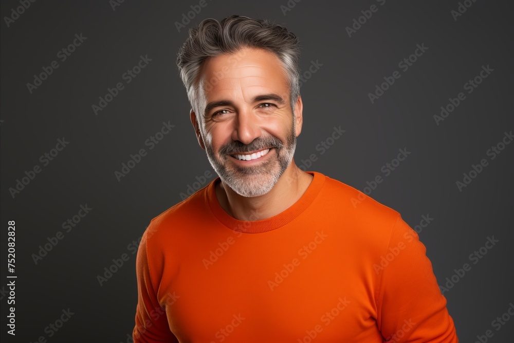 Handsome middle-aged man in orange sweater on grey background Handsome middle-aged man in orange sweater on grey background