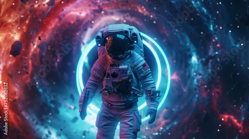 Futuristic space astronaut emerging from glowing time loop - conceptual 3d illustration