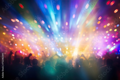 Blurred concert crowd in front of bright stage lights