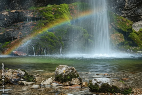 Rainbow over a waterfall in the rainforest