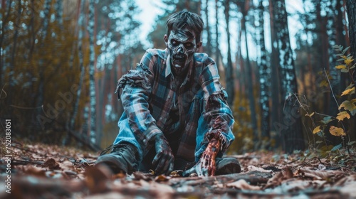 A man in a zombie costume lurks among the trees in a misty forest