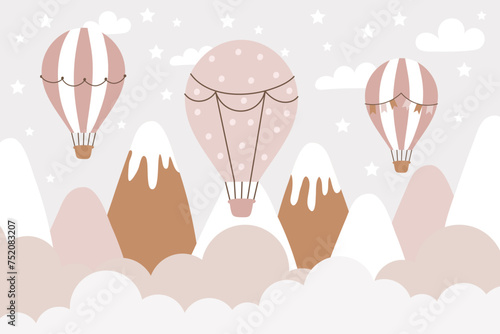 Hand drawn design of kids mountains. For children's wallpapers. Mountains, clouds, air balloon. Vector illustrations