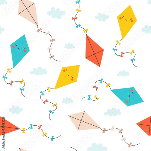 Seamless pattern with kites in the sky. Childish fabric design. Vector illustrations.