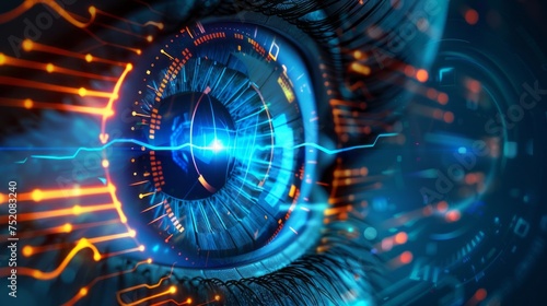 Abstract cyber circuit: futuristic technology background with illuminated eye - conceptual image photo