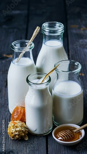 Fresh milk in different glass bottles standing served with honey over dark wooden background.