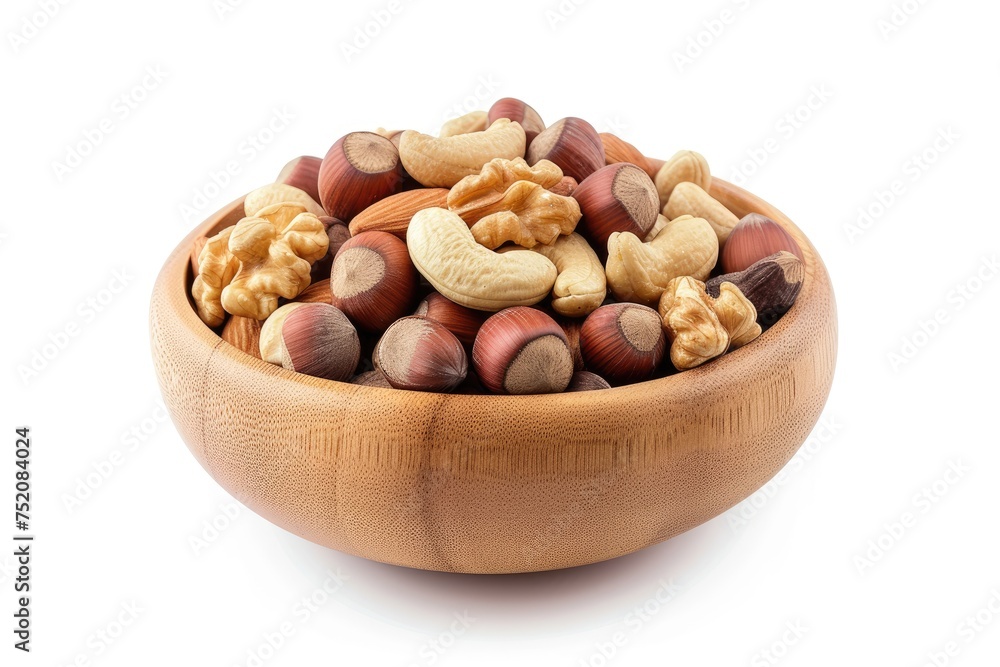 Mixed nuts in wooden bowl isolated on white background. Top view. Mixed nuts in wooden bowl isolated on white background. Top view.