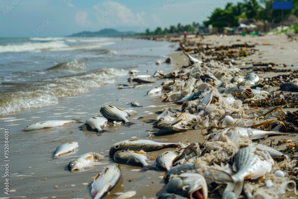 environmental impact industrial activity, Oil wastewater is spilling on beach, dead fishes on shore environmental impact industrial activity, Oil wastewater is spilling on beach, dead fishes on shore
