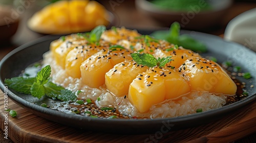 Mango Sticky Rice from Bangkok, Thailand, is a dessert with a combination of ripe mango, sweet sticky rice and coconut milk © Denisa