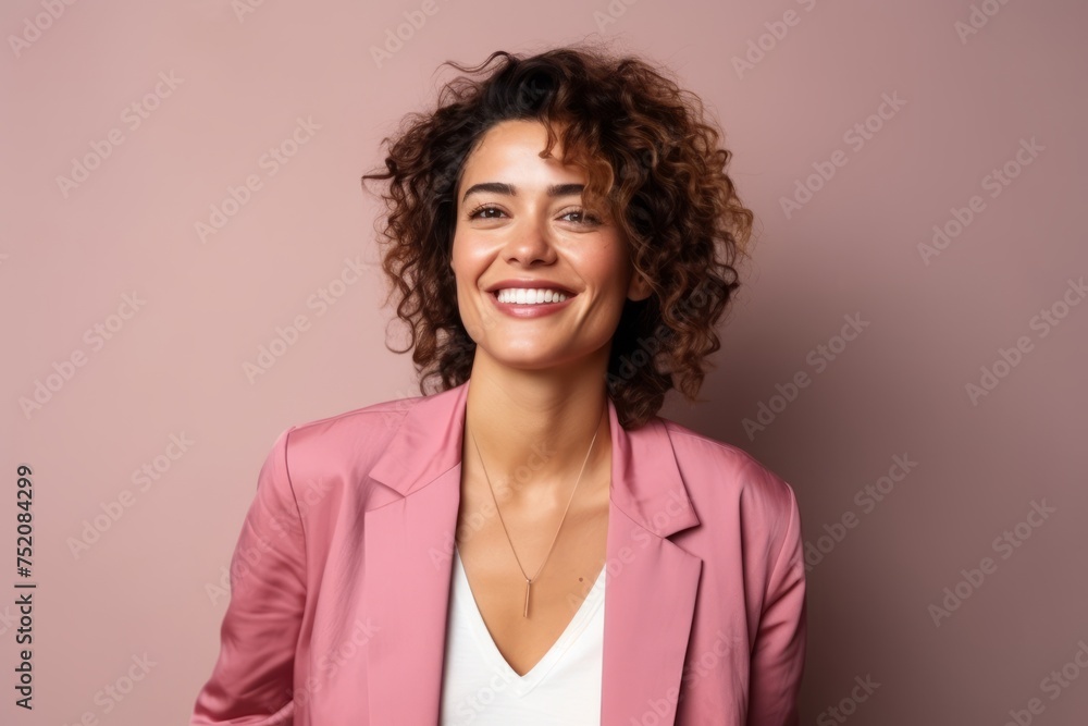 Portrait of a beautiful woman with curly hair on a pink background Portrait of a beautiful woman with curly hair on a pink background