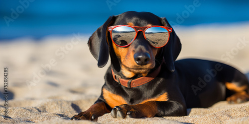 A cute and beautiful black and brown dog with sunglasses lie on the beach .